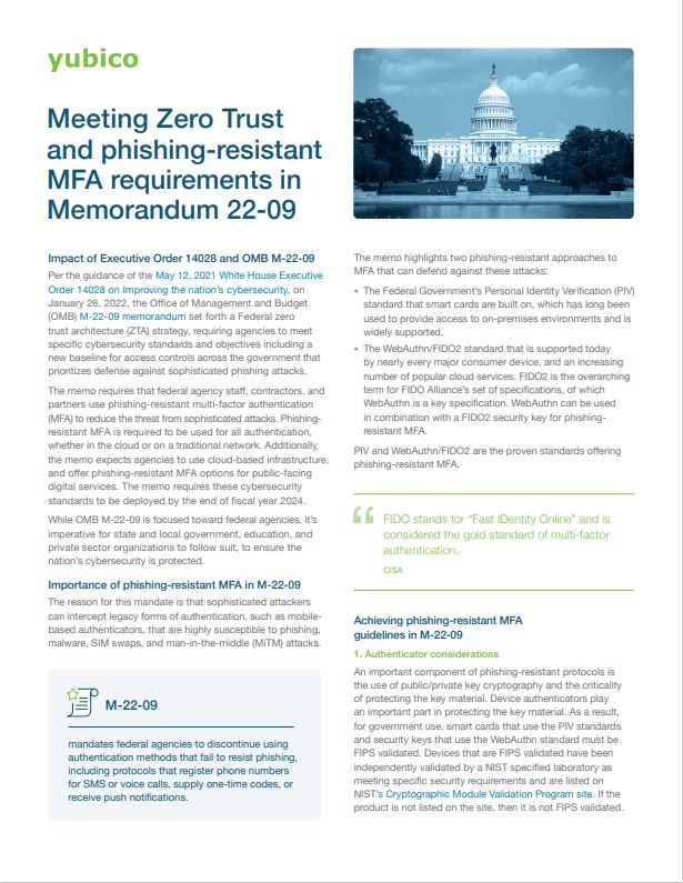 Meeting Zero Trust and phishing-resistant MFA requirements in Memorandum 22-09