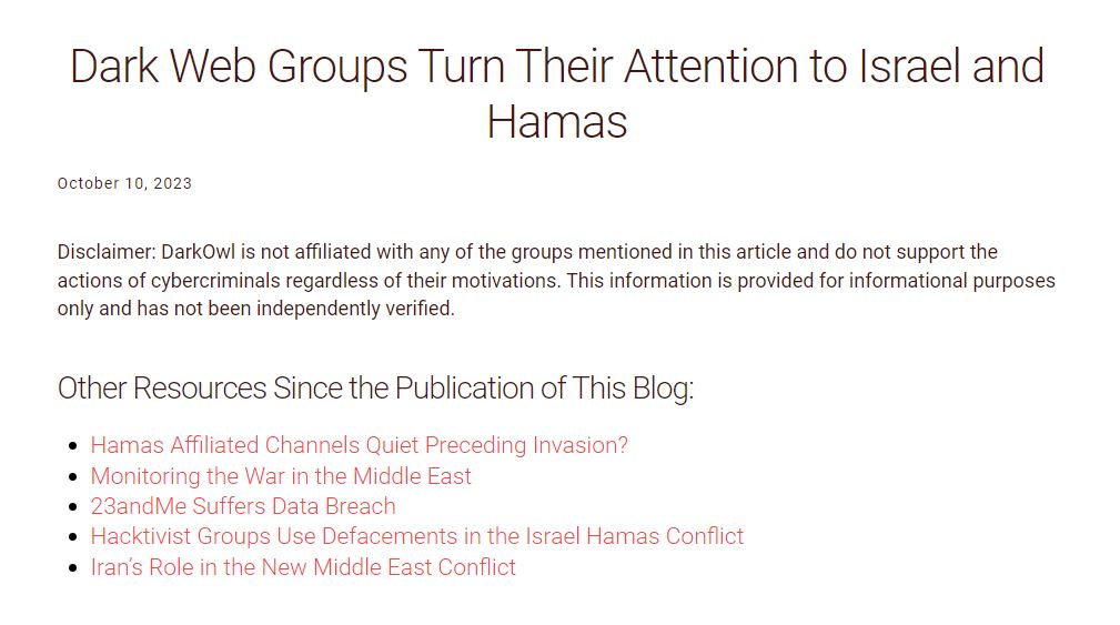 Dark Web Groups Turn Their Attention to Israel and Hamas